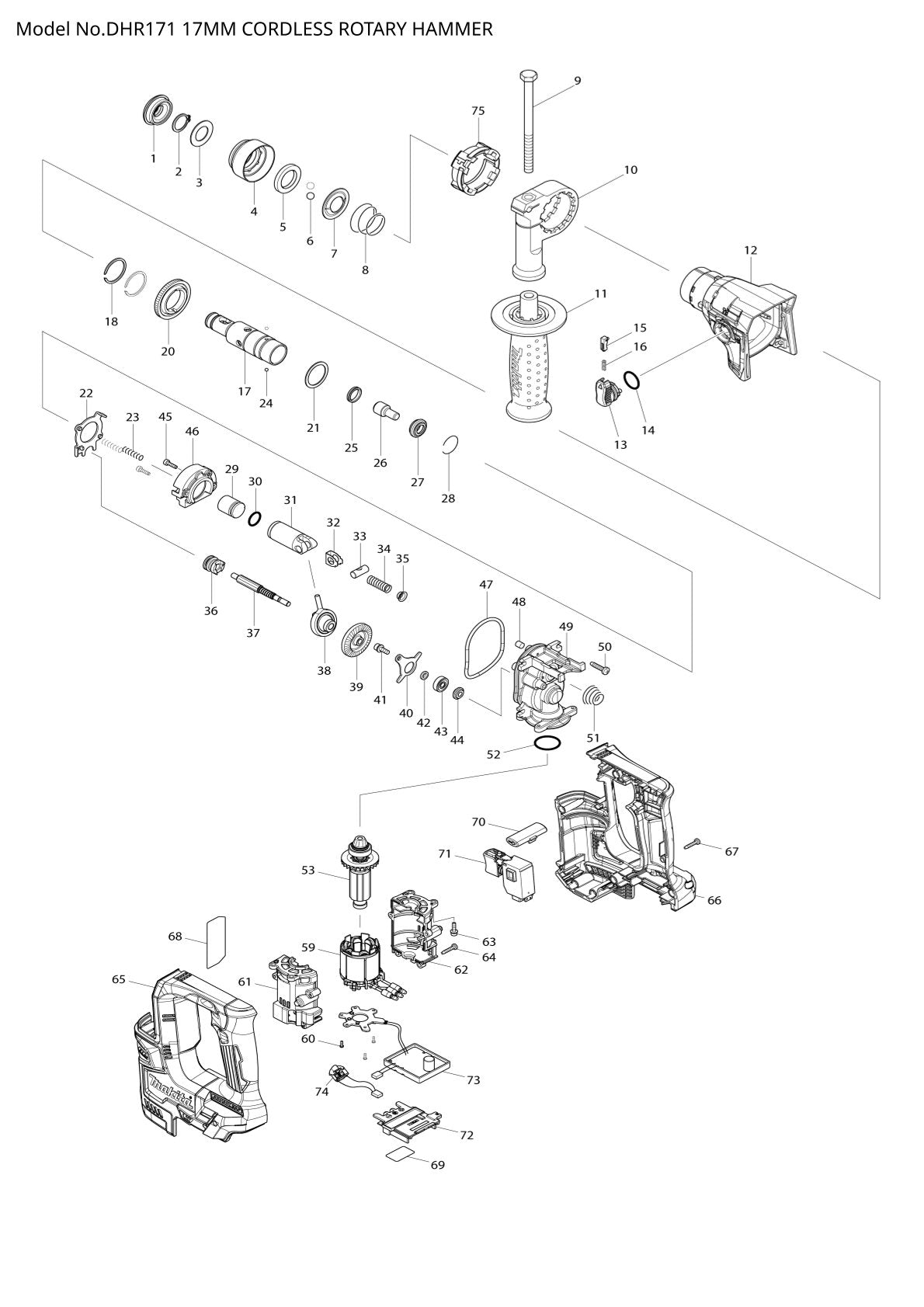 Vue éclatée Makita DHR171 - page 1