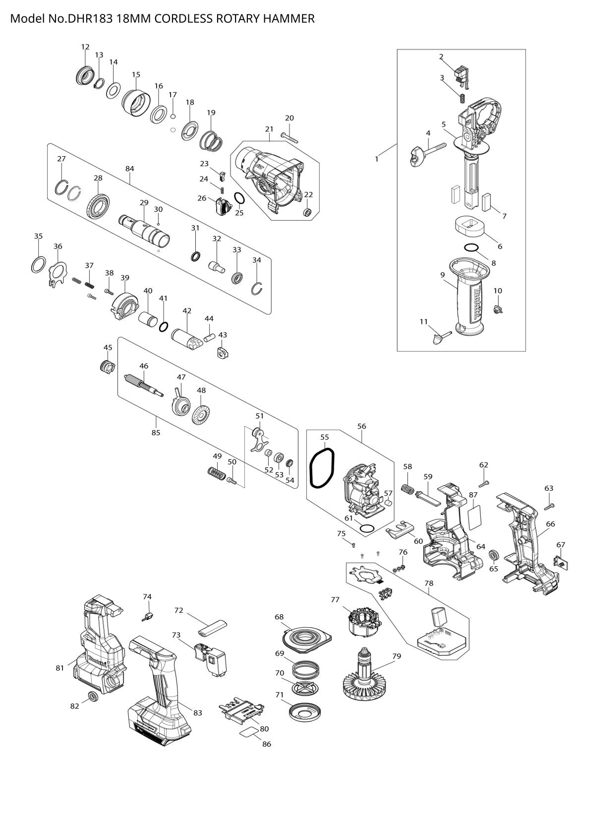 Vue éclatée Makita DHR183 - page 1