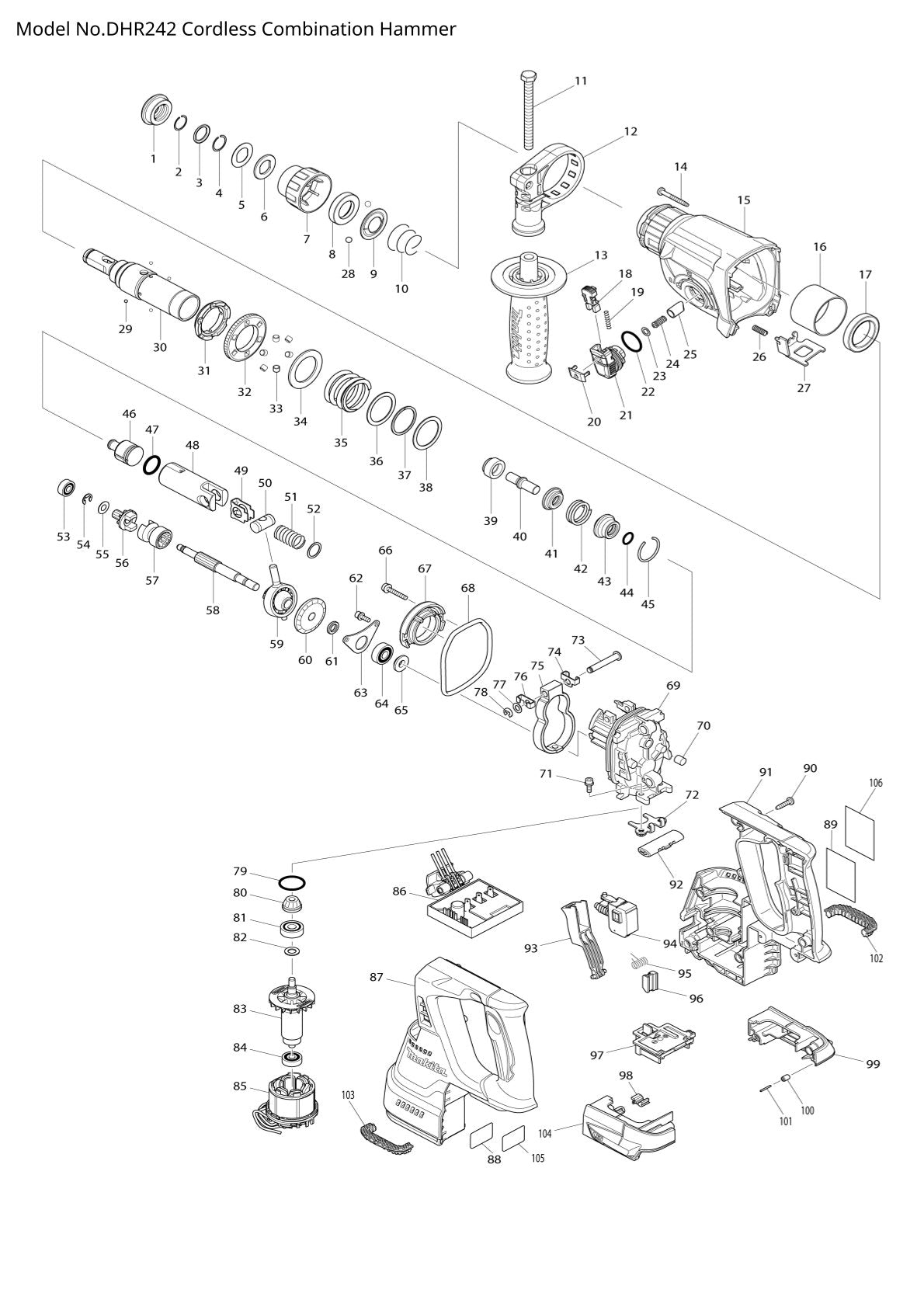 Vue éclatée Makita DHR242 - page 1
