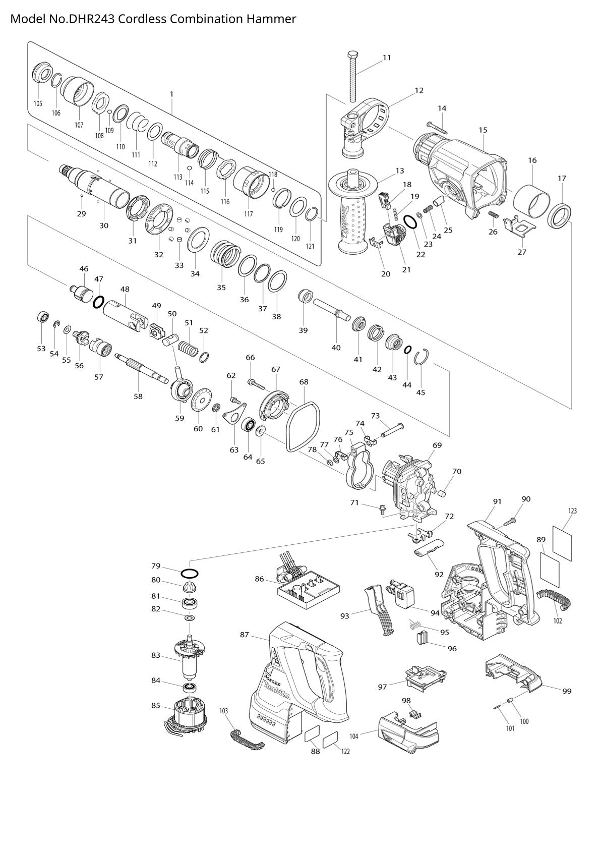 Vue eclatee Makita DHR243 - page 1