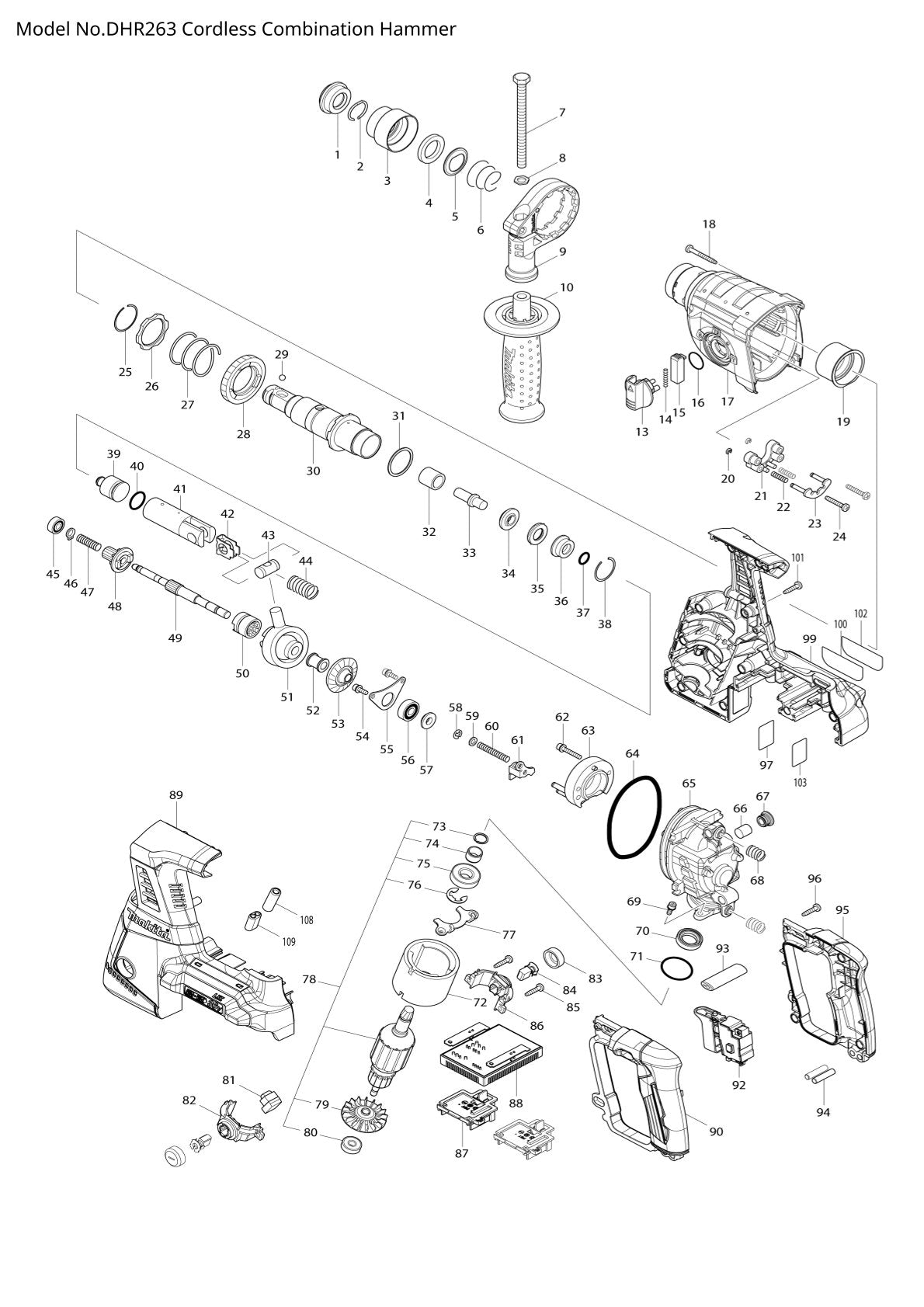 Vue eclatee Makita DHR263 - page 1