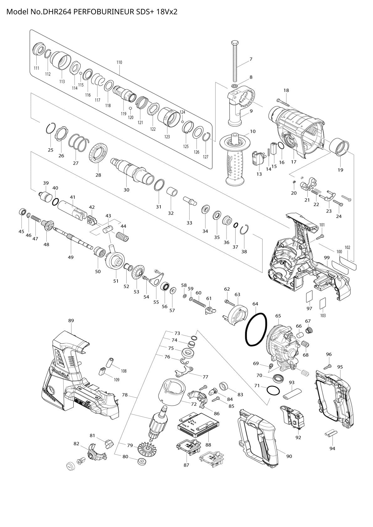 Vue eclatee Makita DHR264 - page 1