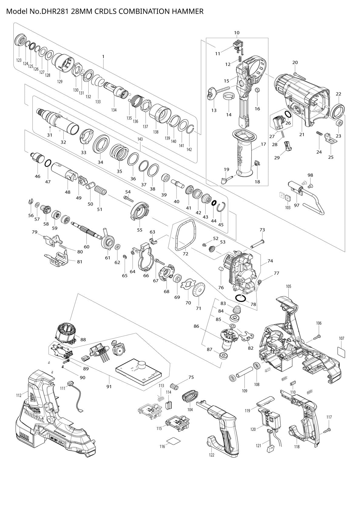Vue eclatee Makita DHR281 - page 1