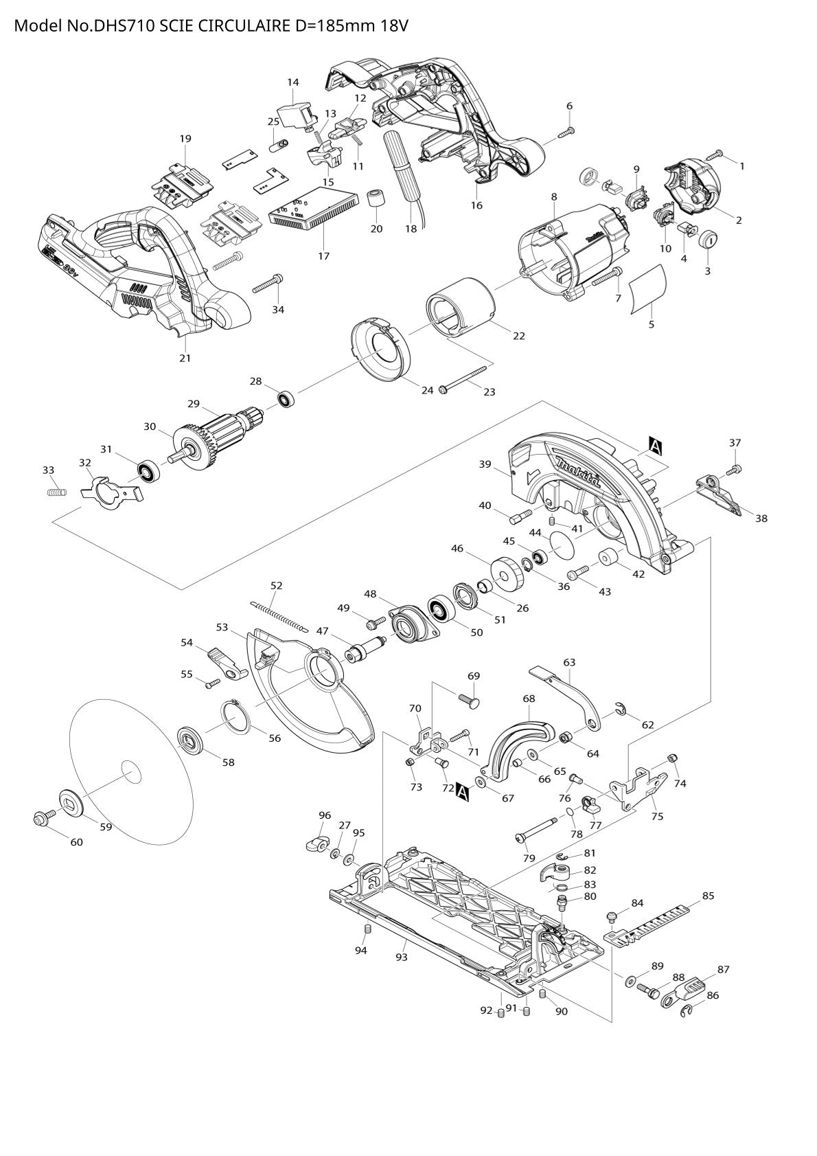 Vue eclatee Makita DHS710 - page 1