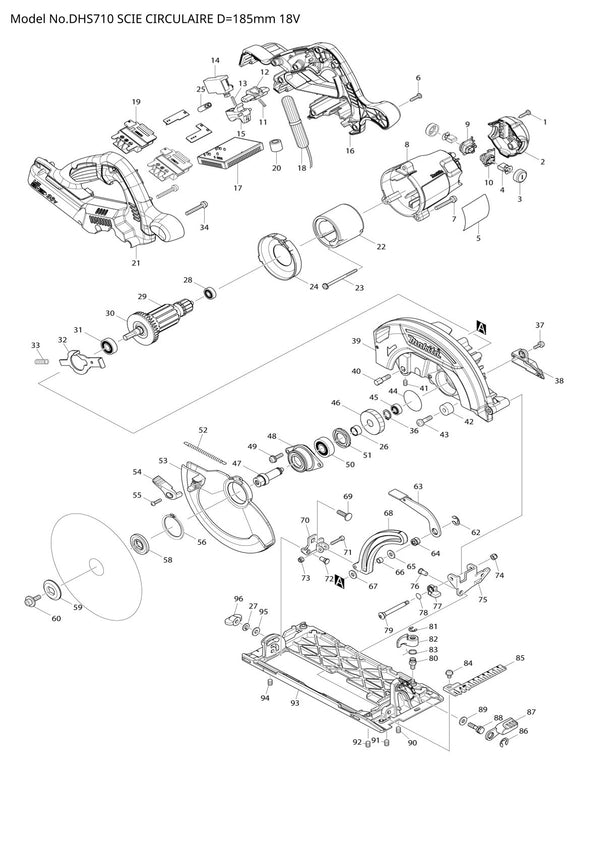 Vue eclatee Makita DHS710 - page 1