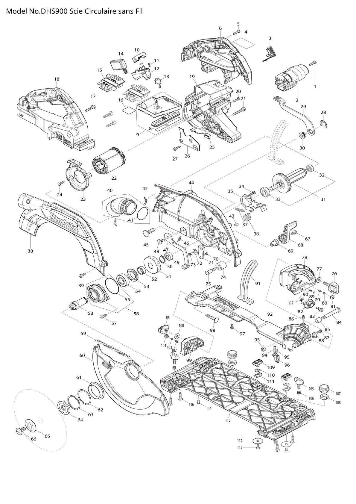Vue eclatee Makita DHS900 - page 1