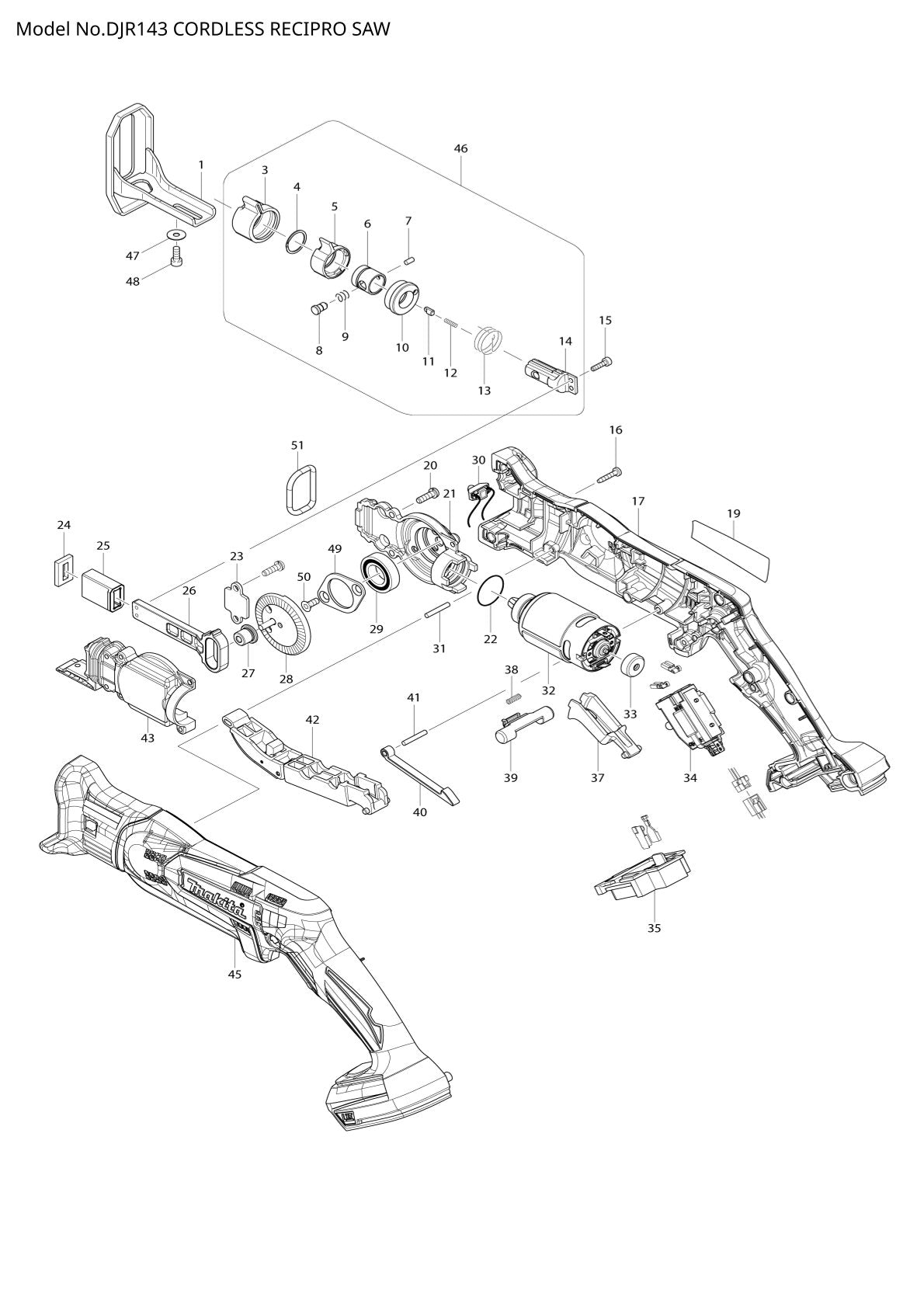 Vue eclatee Makita DJR143 - page 1