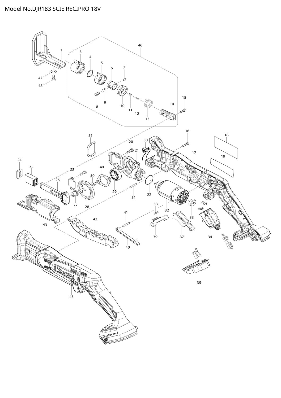 Vue eclatee Makita DJR183 - page 1