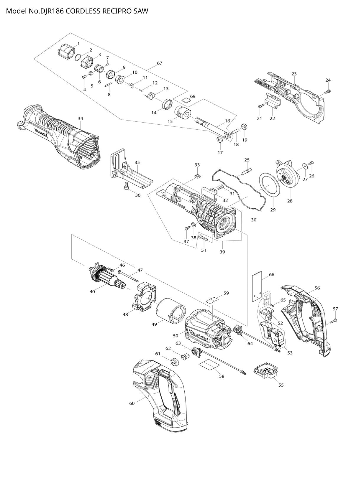 Vue eclatee Makita DJR186 - page 1