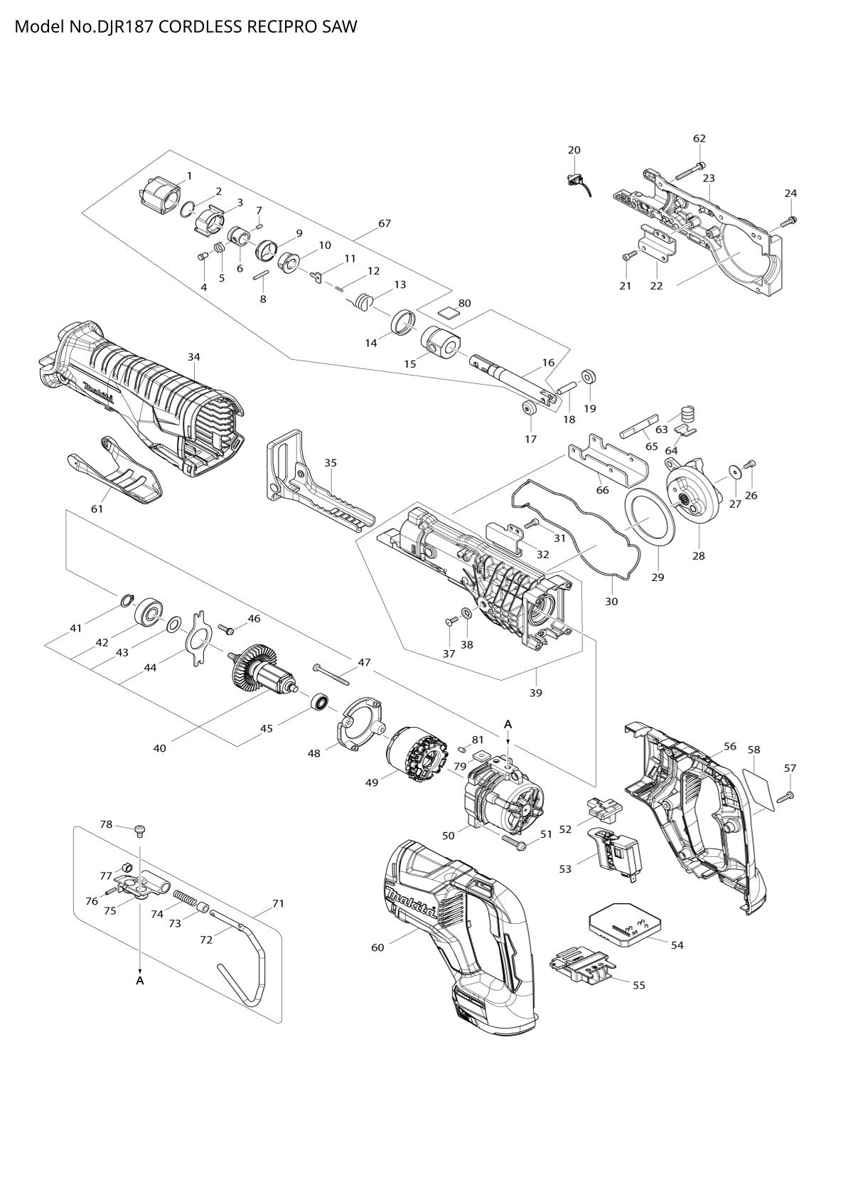 Vue éclatée Makita DJR187 - page 1