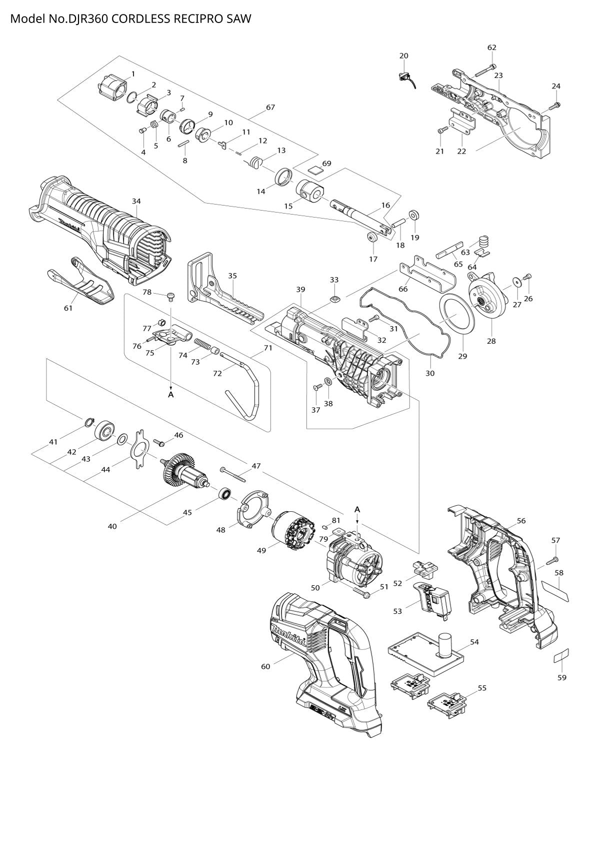 Vue éclatée Makita DJR360 - page 1