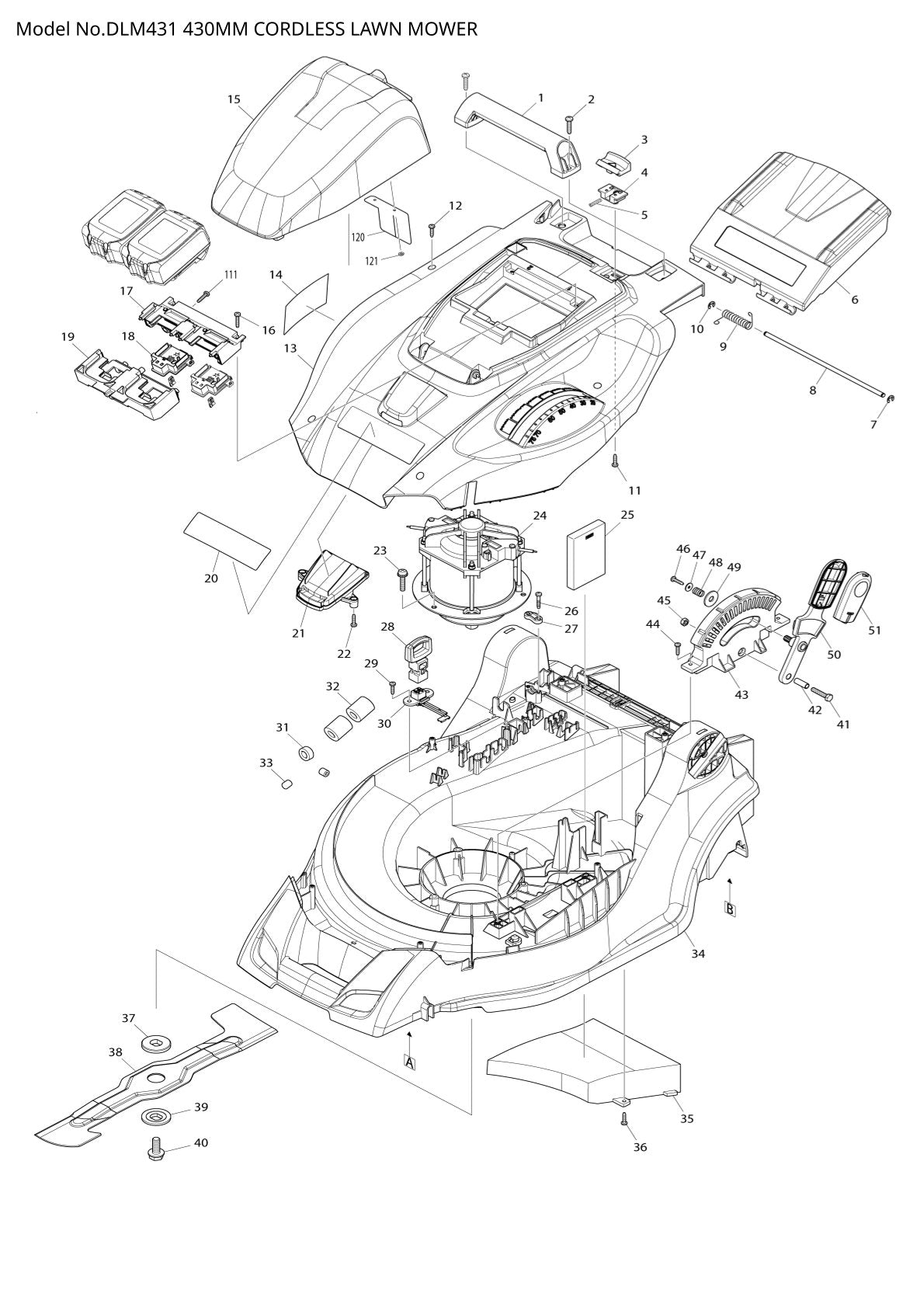 Vue éclatée Makita DLM431 - page 1