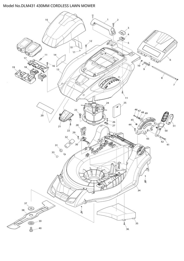 Vue éclatée Makita DLM431 - page 1