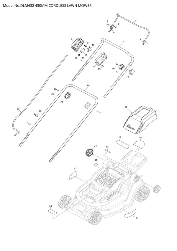 Vue éclatée Makita DLM432 - page 1