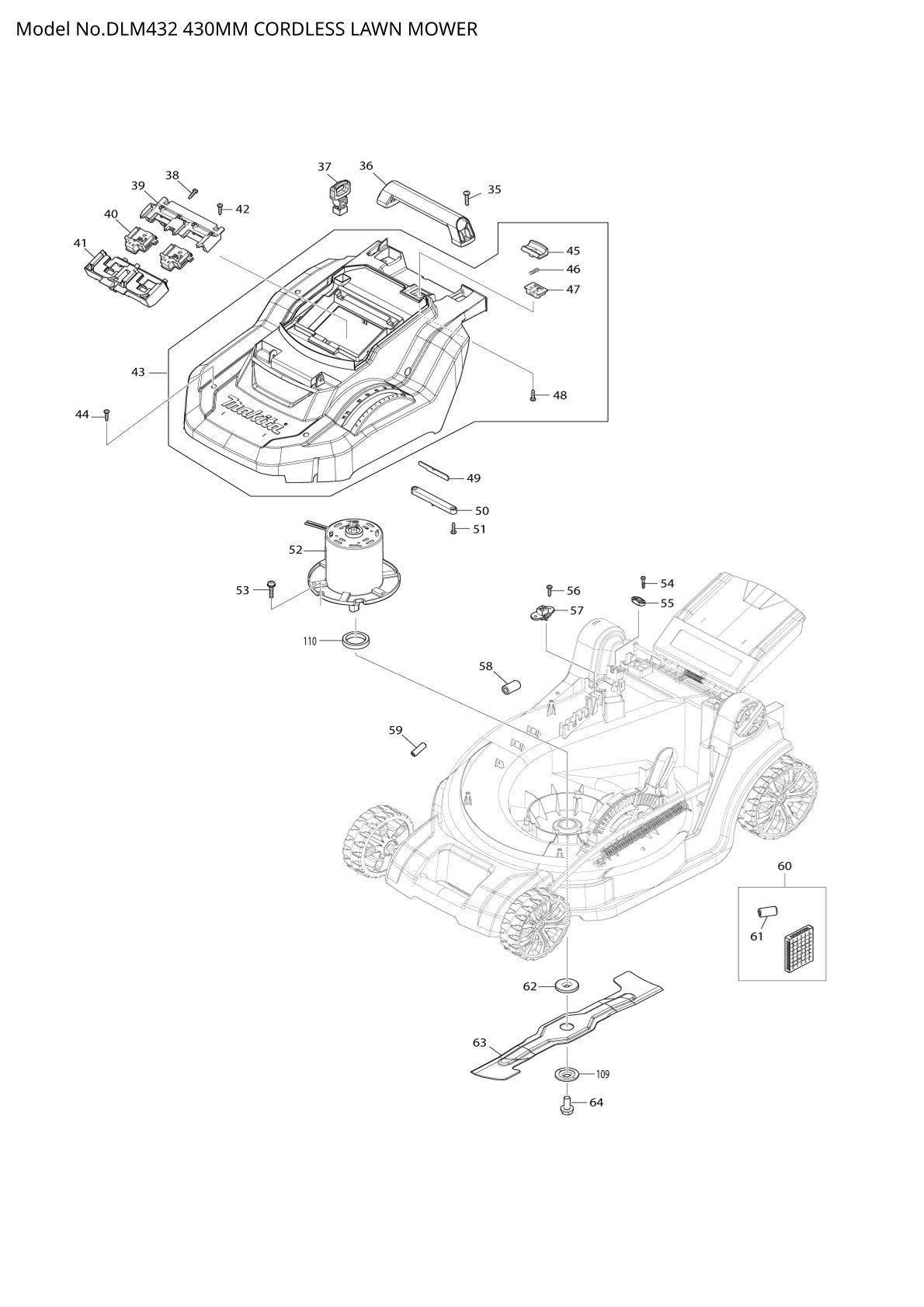 Vue éclatée Makita DLM432 - page 2
