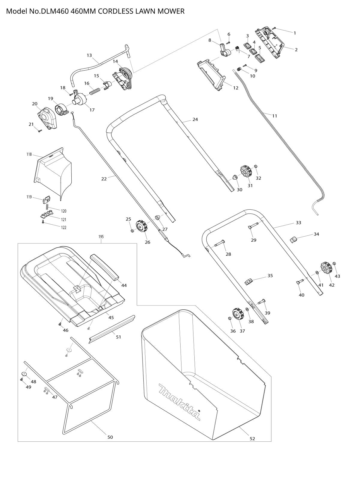 Vue éclatée Makita DLM460 - page 1