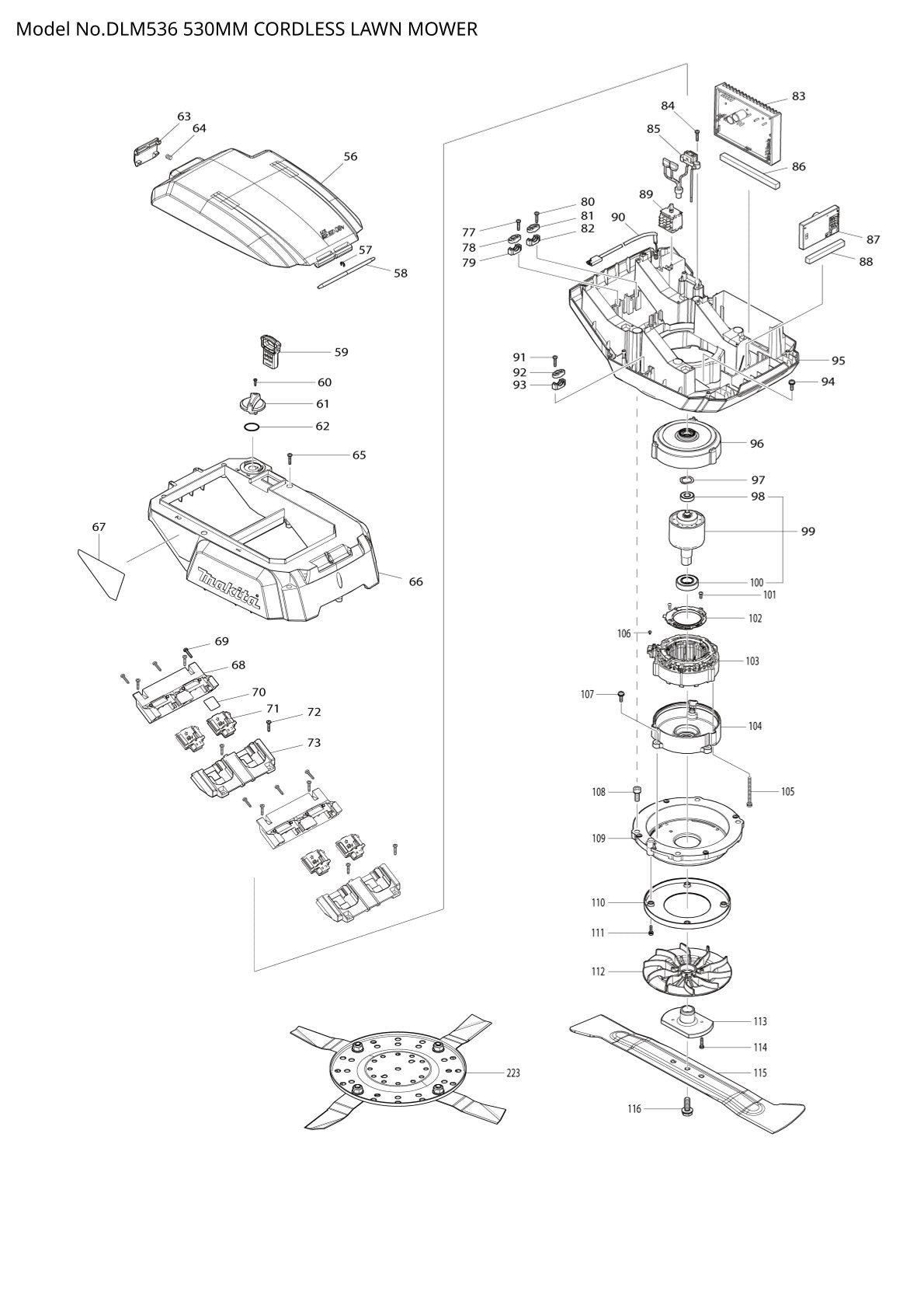 Vue éclatée Makita DLM536 - page 2