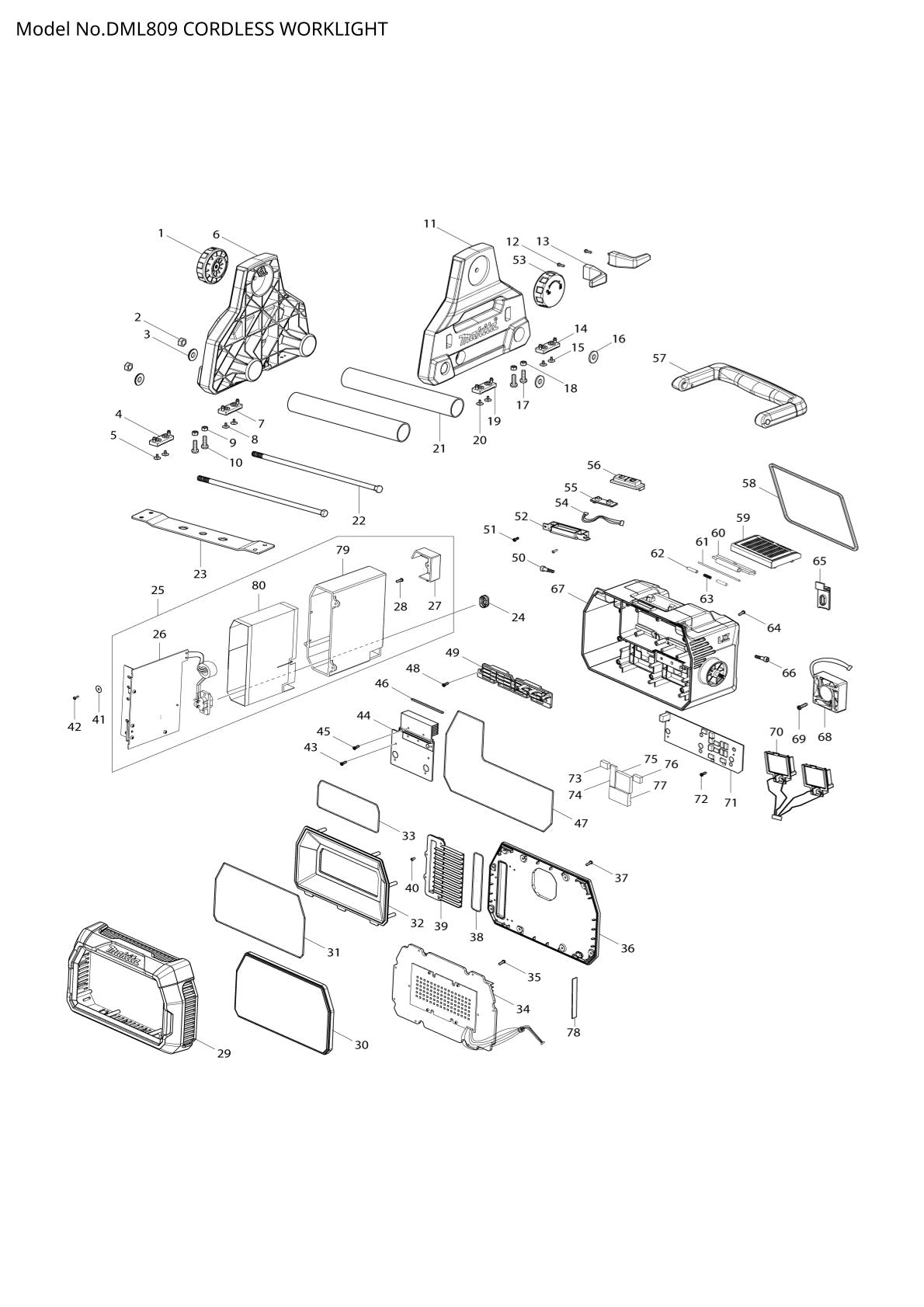 Pièces détachées lampe de chantier sans fil Makita DML809