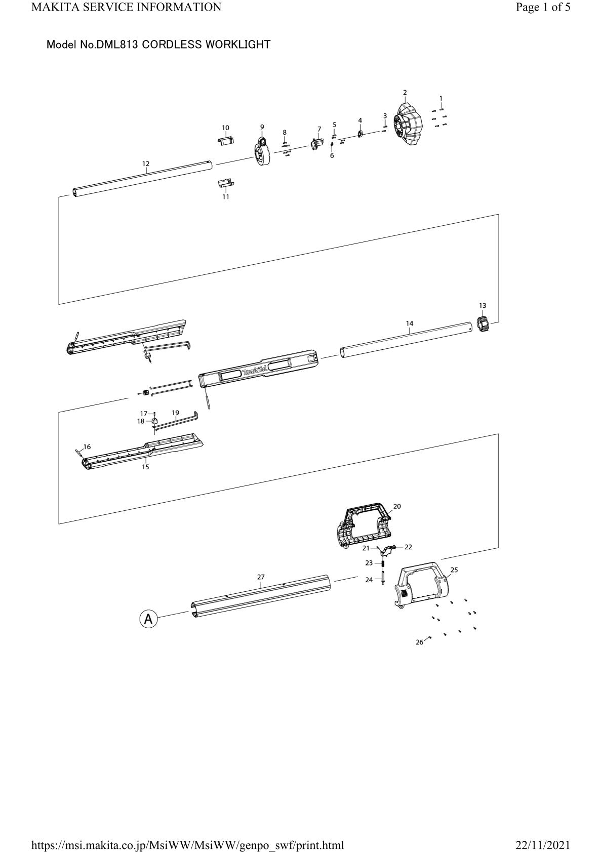 Pièces détachées lampe de chantier sans fil Makita DML813