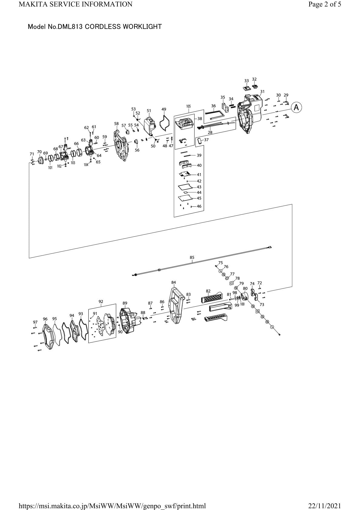 Pièces détachées lampe de chantier sans fil Makita DML813