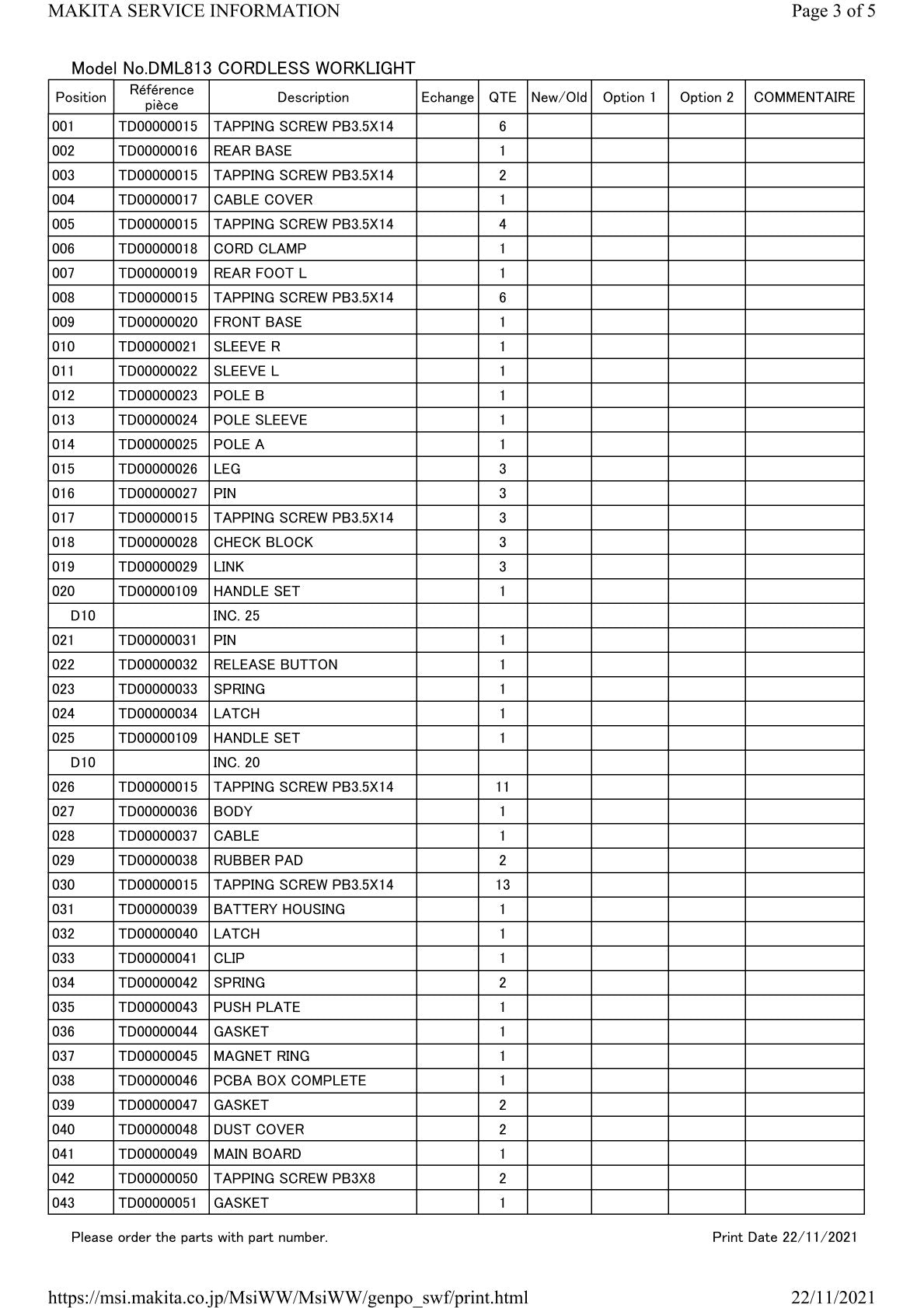 Pièces détachées lampe de chantier sans fil Makita DML813