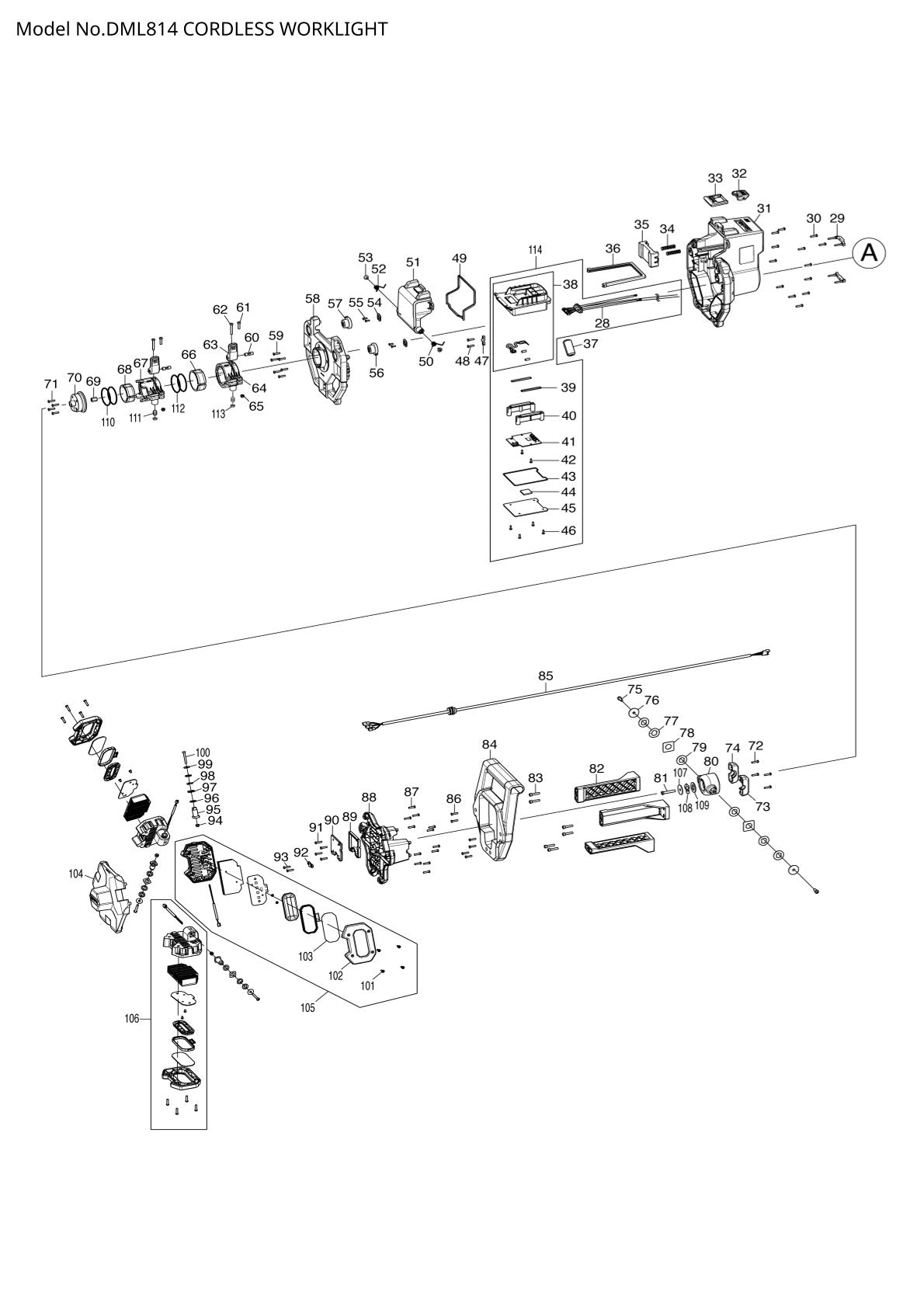Pièces détachées lampe de chantier sans fil Makita DML814