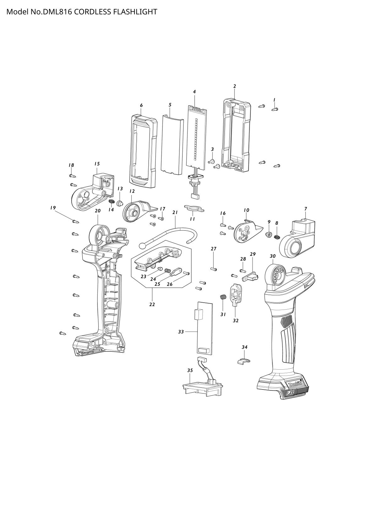 Pièces détachées lampe de chantier sans fil Makita DML816