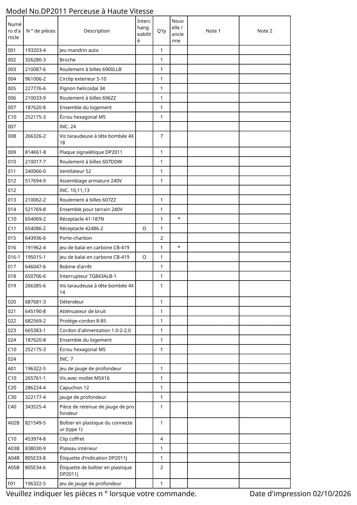 Pièces détachées perceuse Makita DP2011