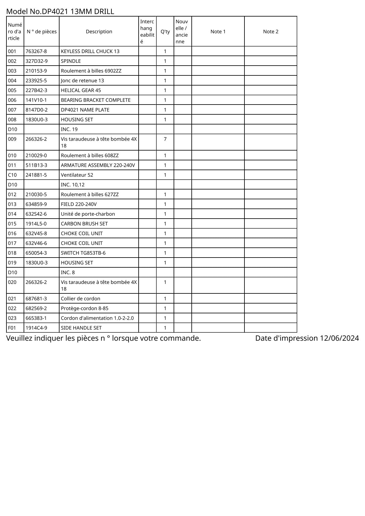Pièces détachées perceuse Makita DP4021