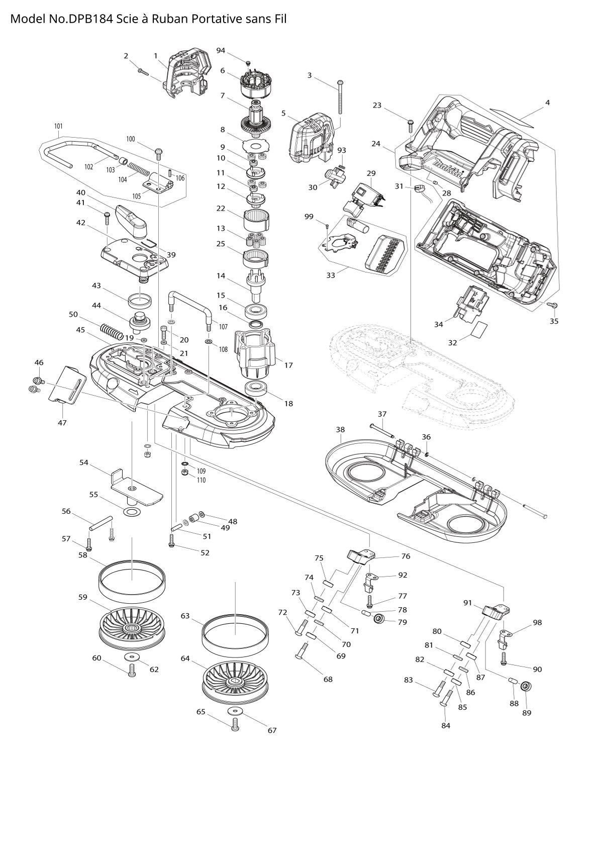 Pièces détachées scie à ruban sans fil Makita DPB184