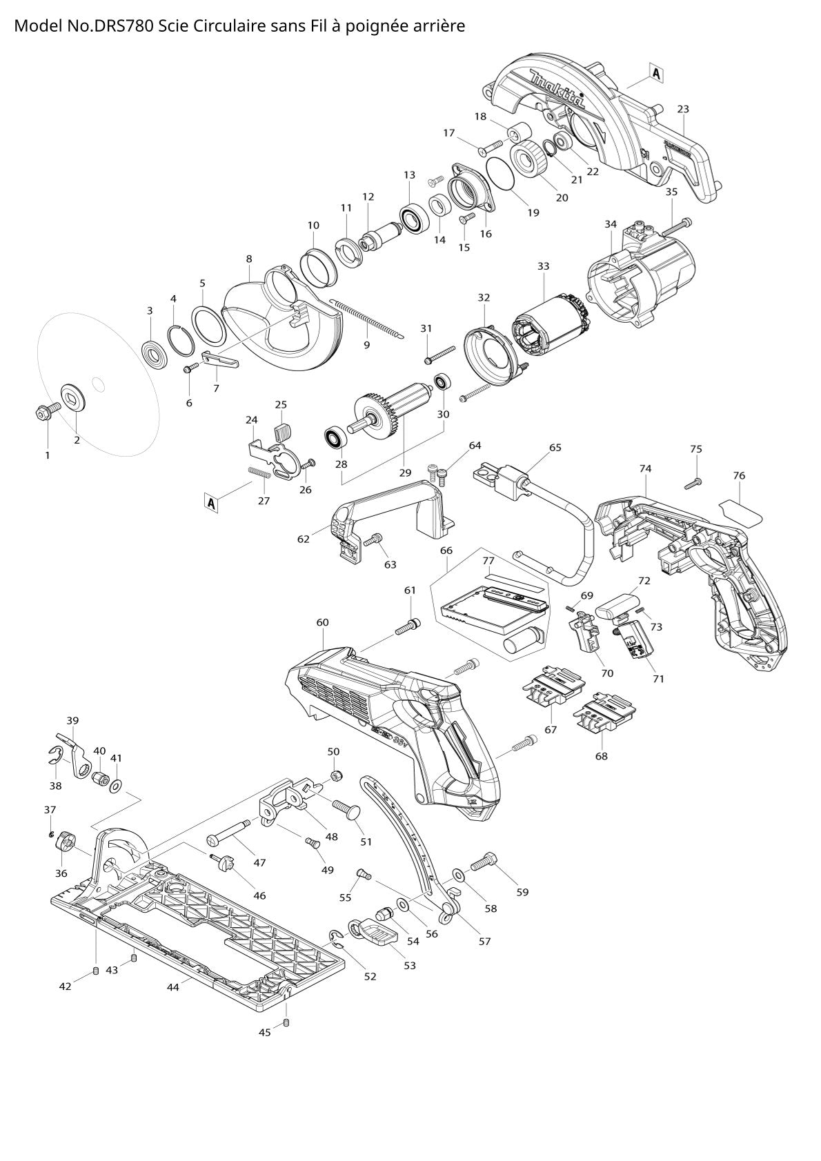 Pièces détachées scie circulaire sans fil Makita DRS780