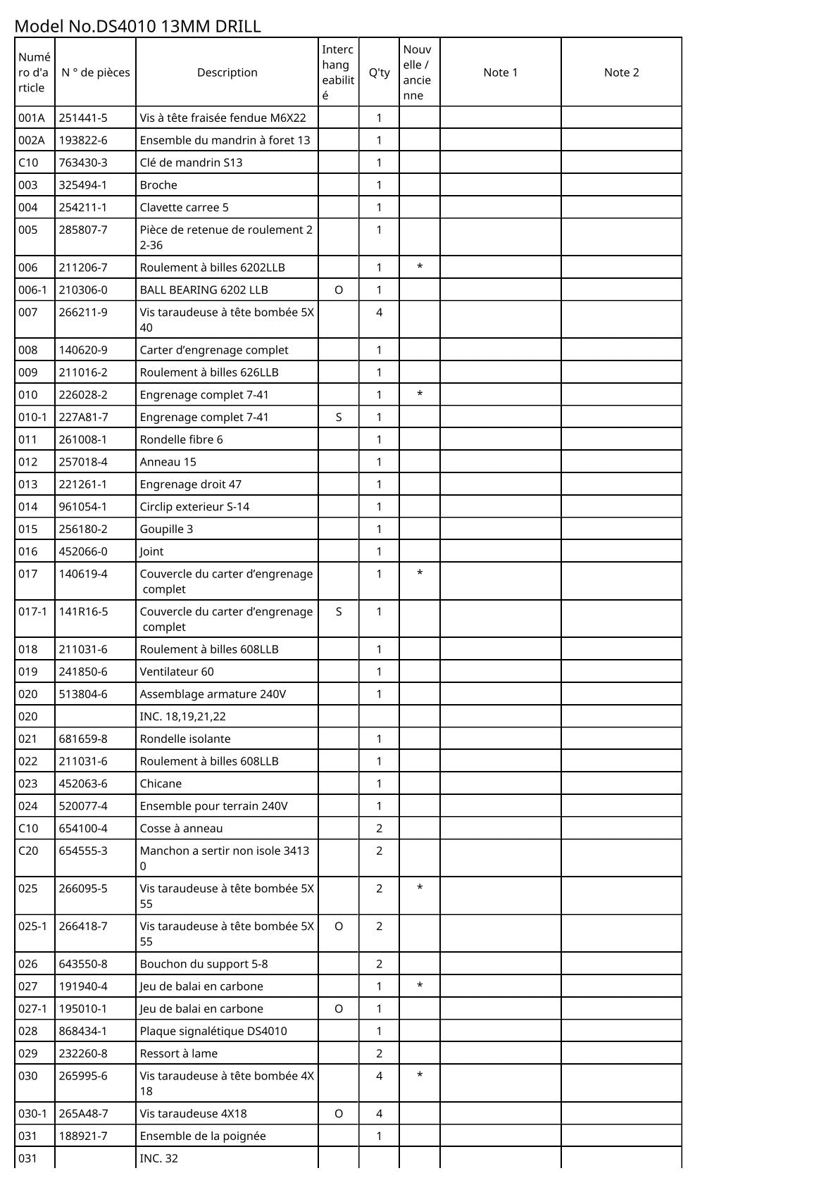 Pièces détachées perceuse Makita DS4010