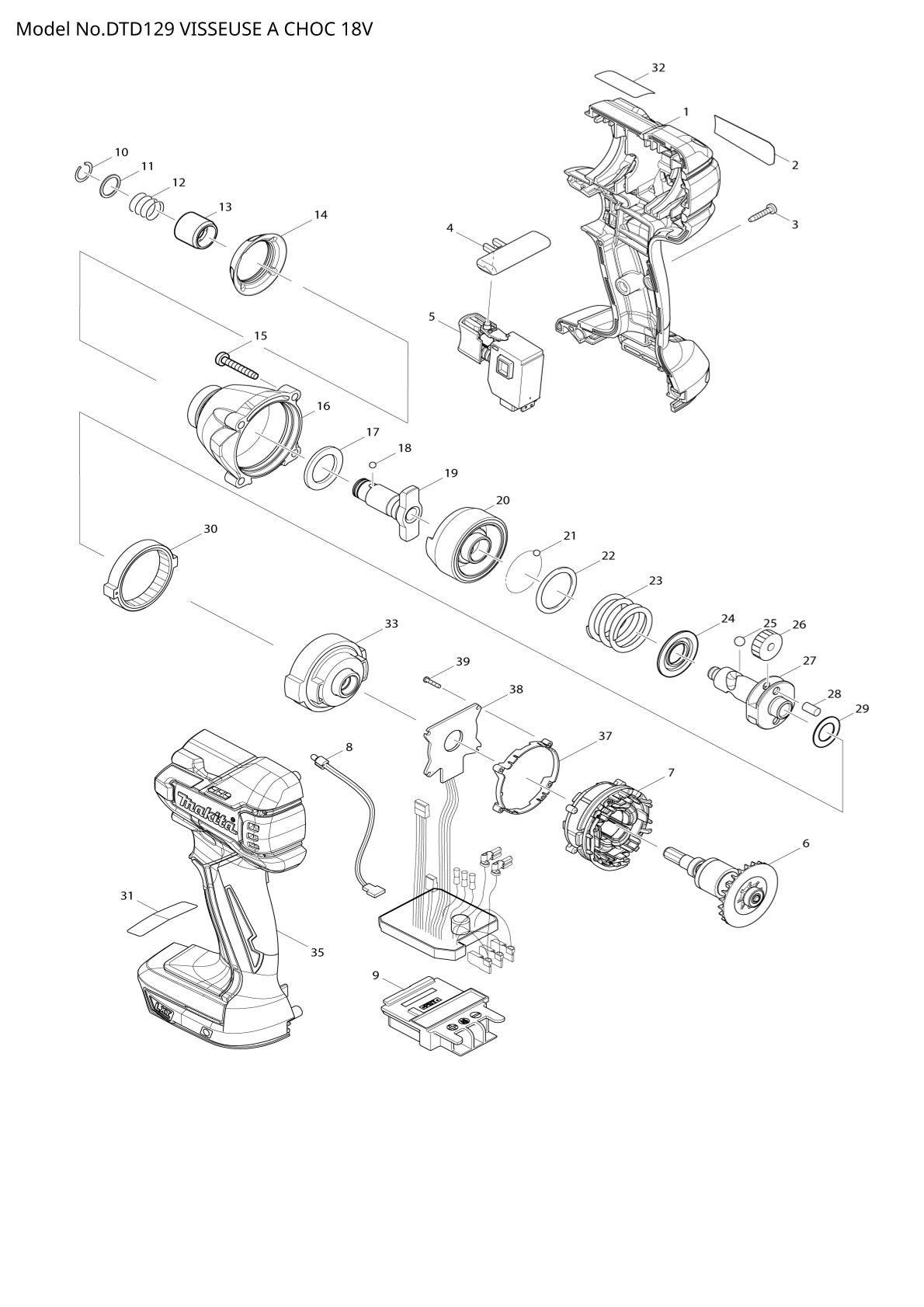 Pièces détachées visseuse à chocs sans fil Makita DTD129