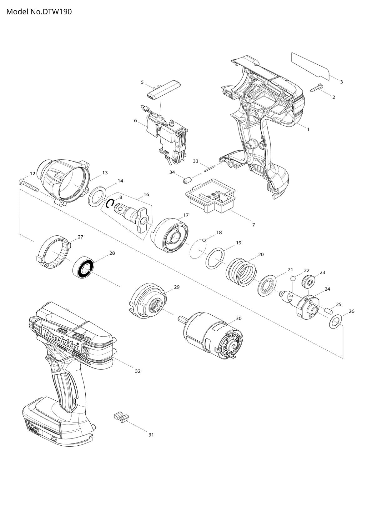 Pièces détachées boulonneuse sans fil Makita DTW190