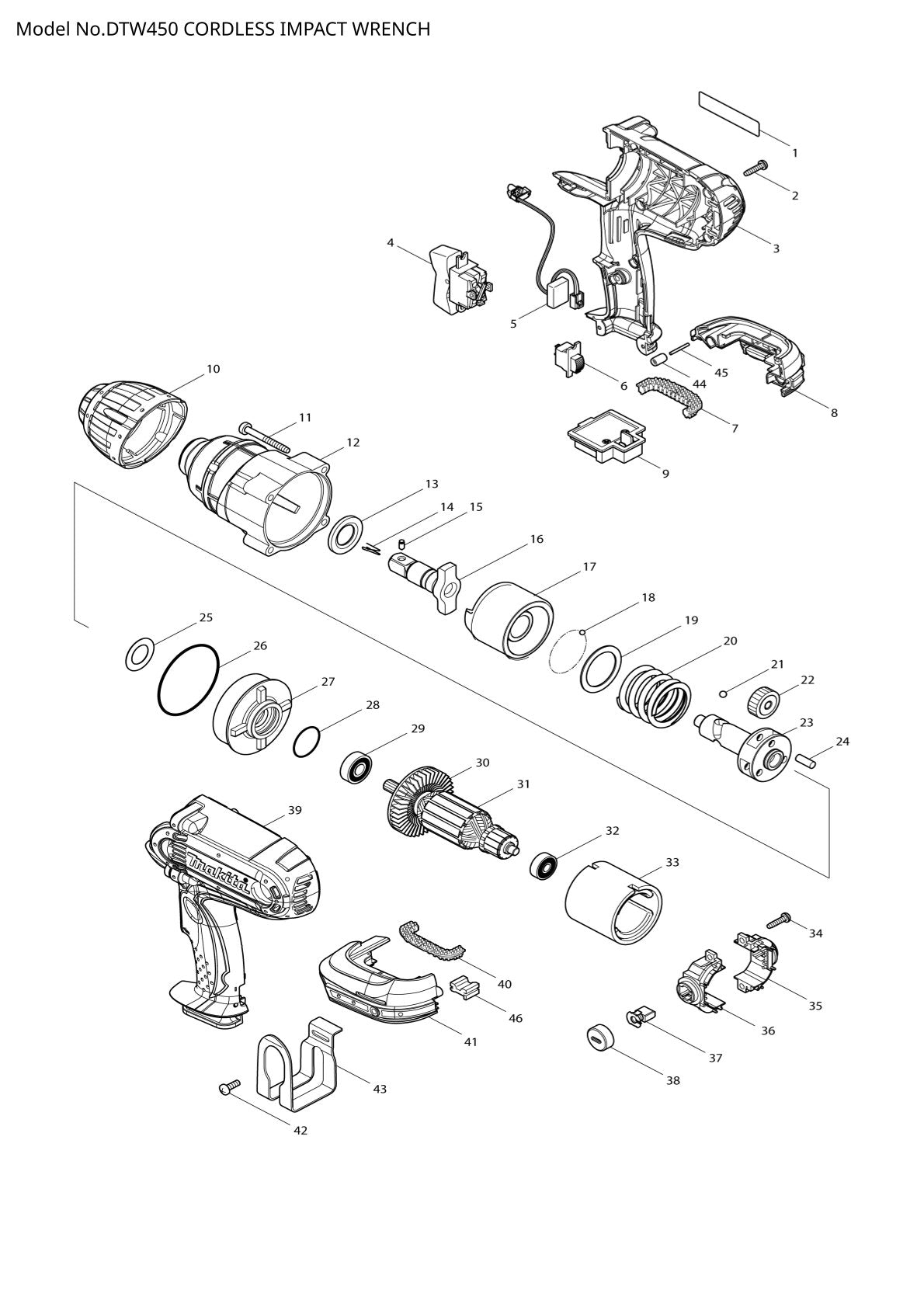 Pièces détachées boulonneuse sans fil Makita DTW450