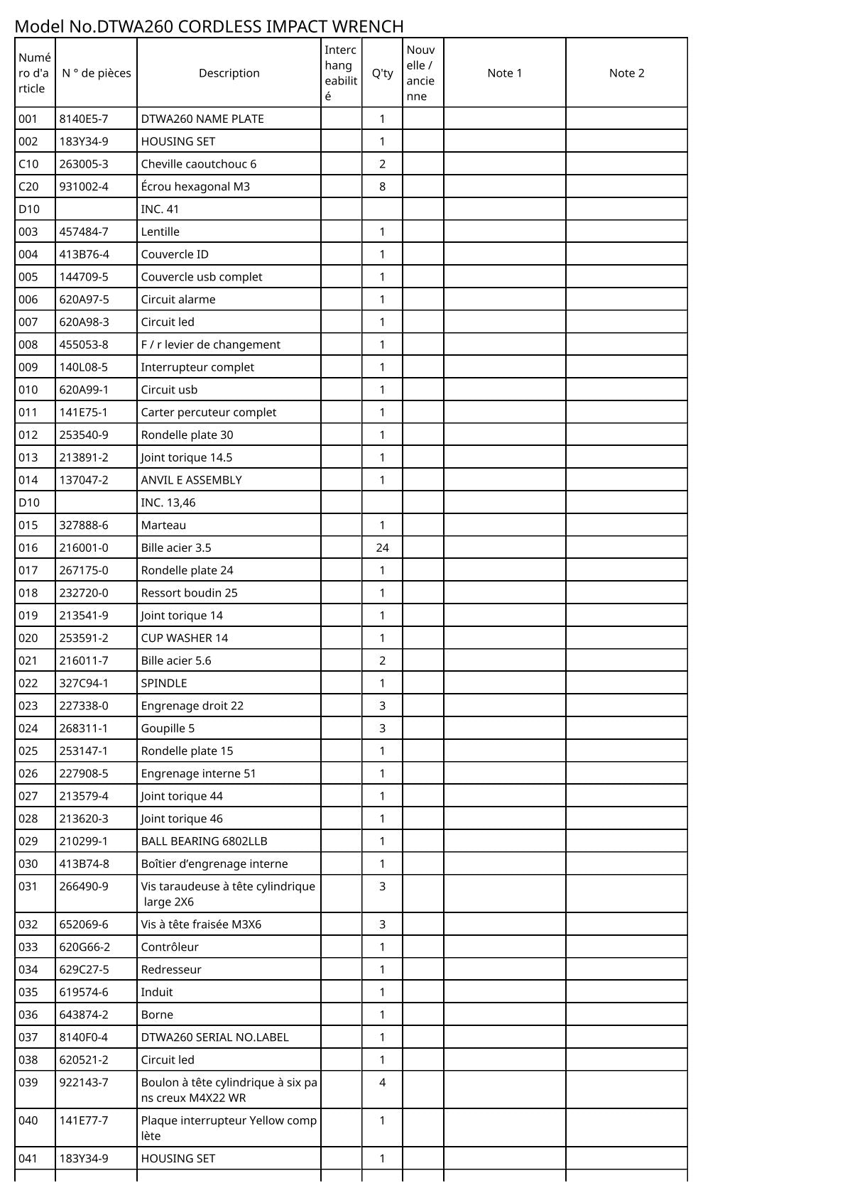 Pièces détachées boulonneuse sans fil Makita DTWA260