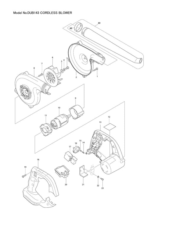 Pièces détachées souffleur sans fil Makita DUB143