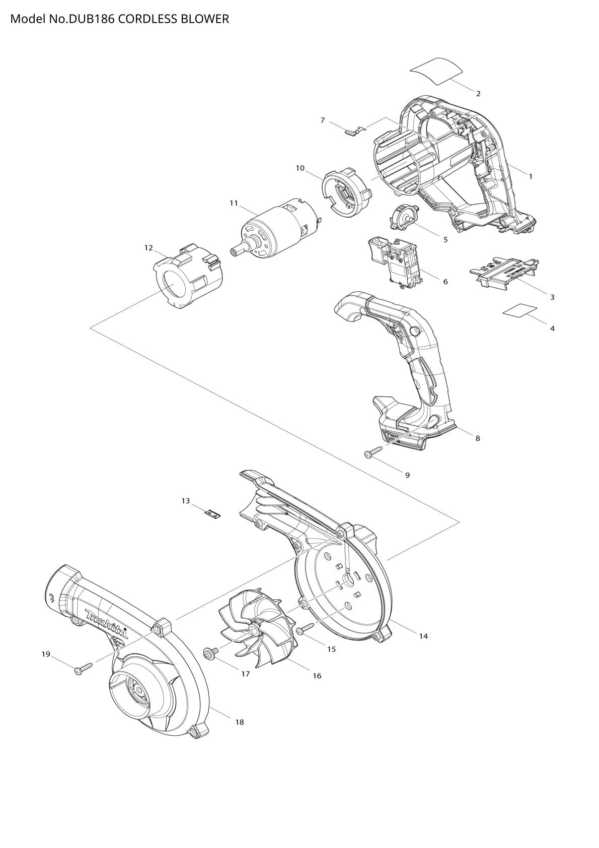 Pièces détachées souffleur sans fil Makita DUB186