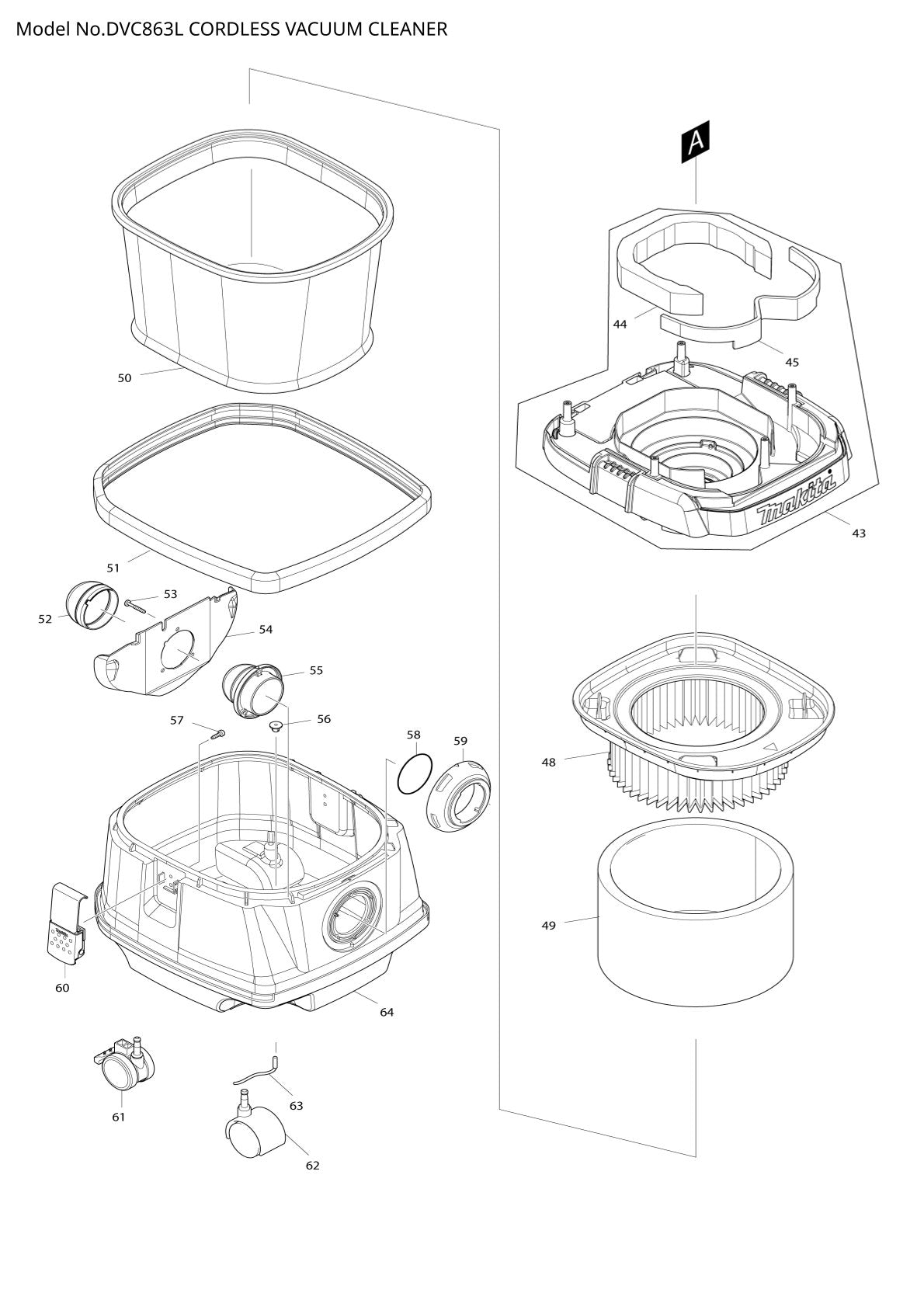 Pièces détachées aspirateur de chantier sans fil Makita DVC863L