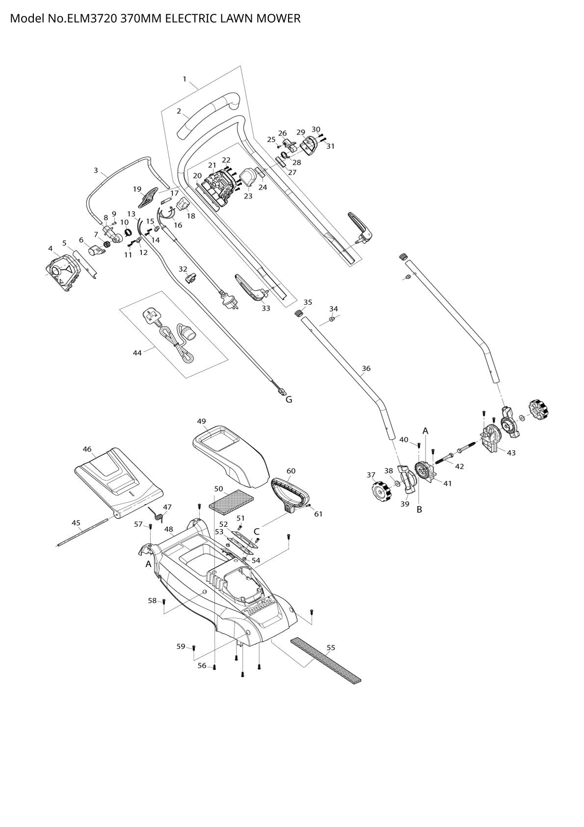 Pièces détachées tondeuse à gazon électrique Makita ELM3720