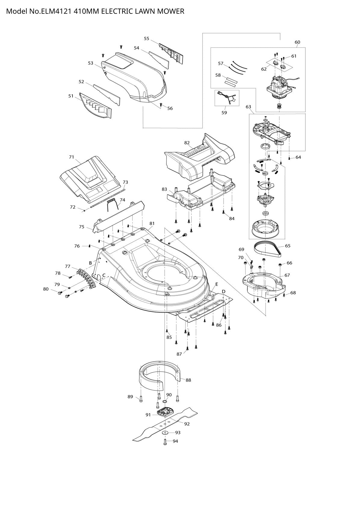 Pièces détachées tondeuse à gazon électrique Makita ELM4121