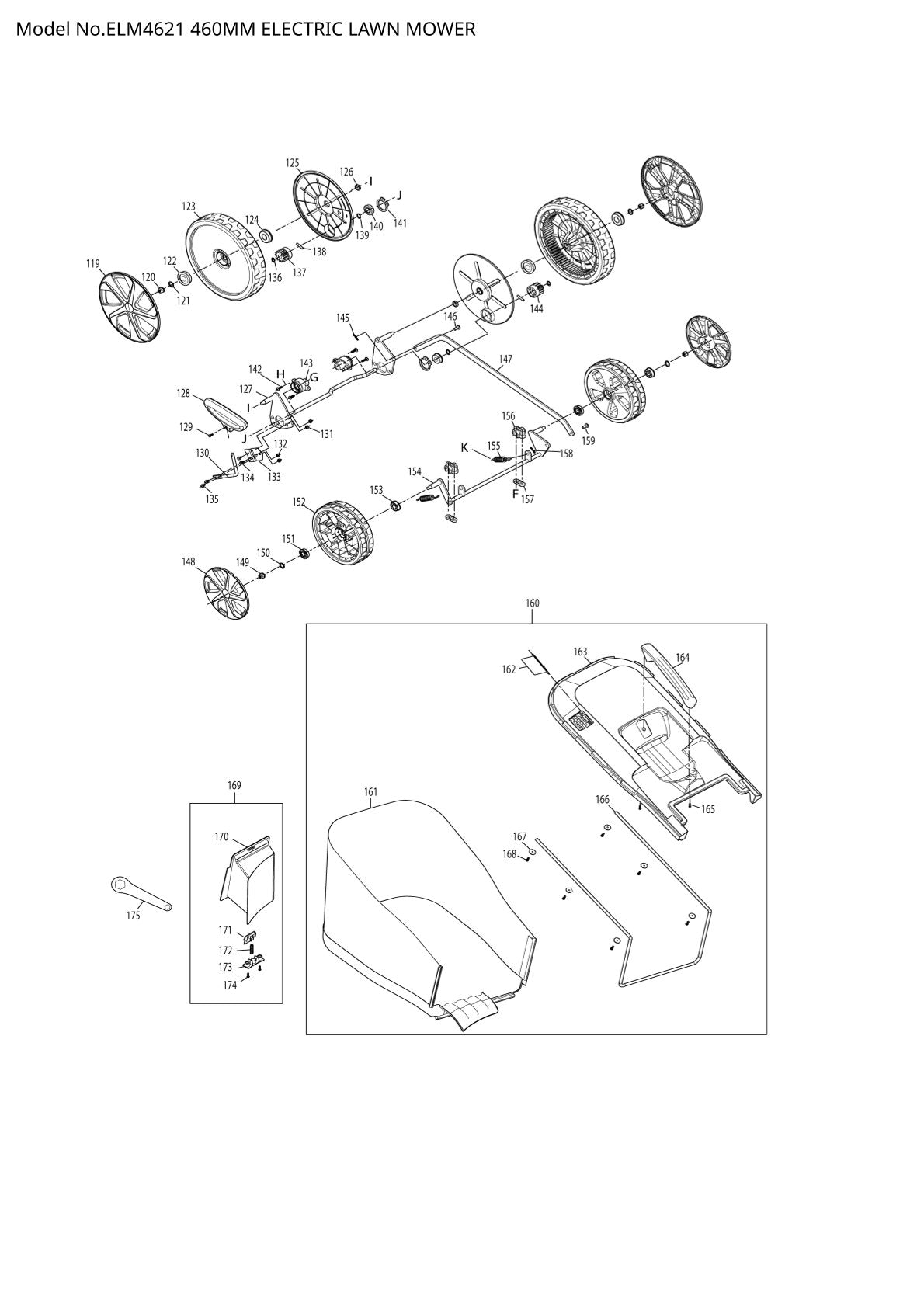 Pièces détachées tondeuse à gazon électrique Makita ELM4621