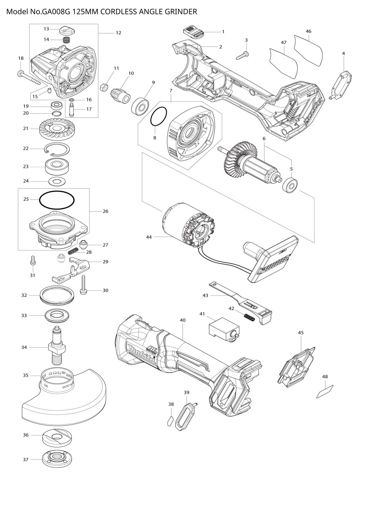 Pièces détachées meuleuse d’angle sans fil Makita GA008G