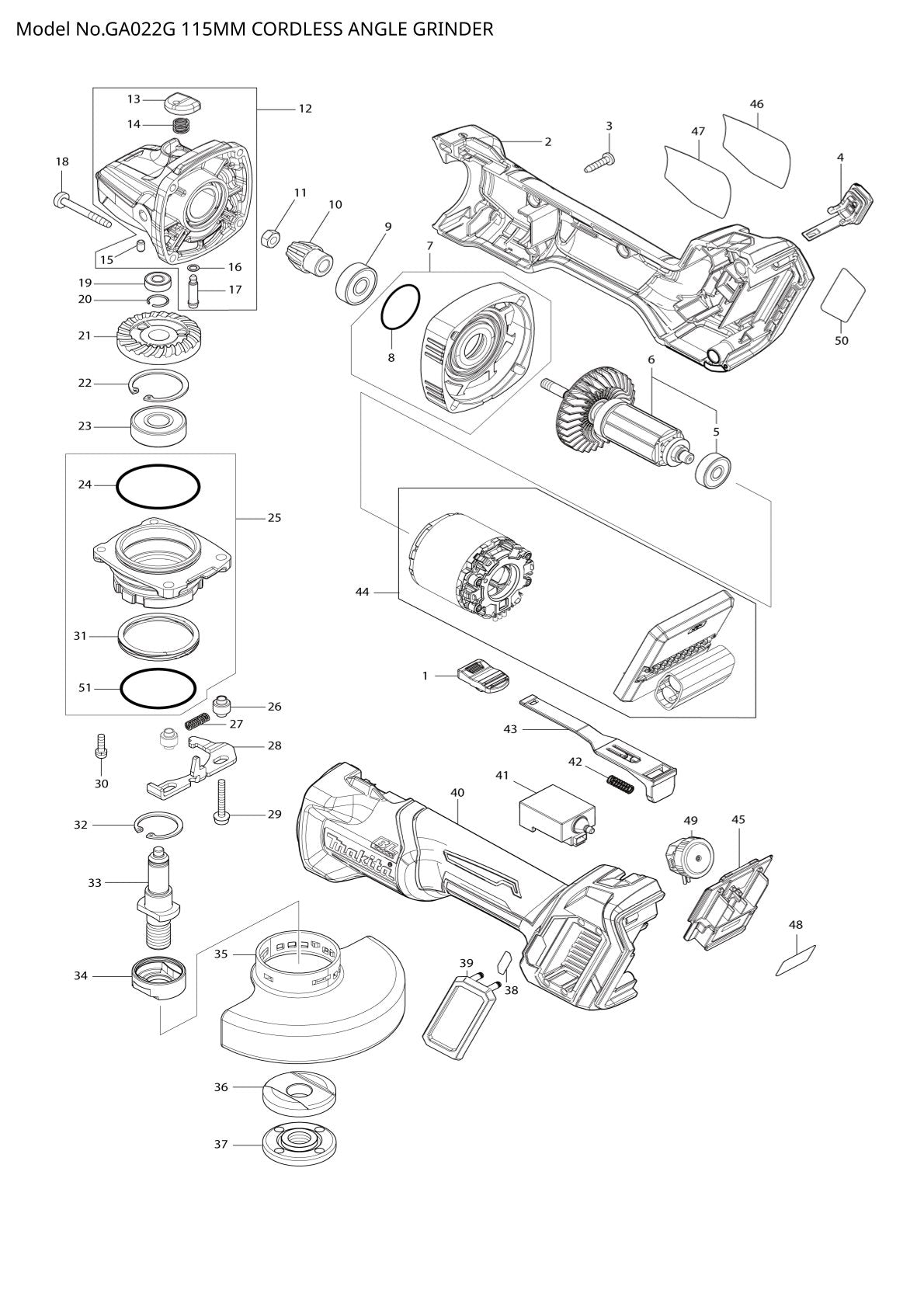 Pièces détachées meuleuse d’angle sans fil Makita GA022G