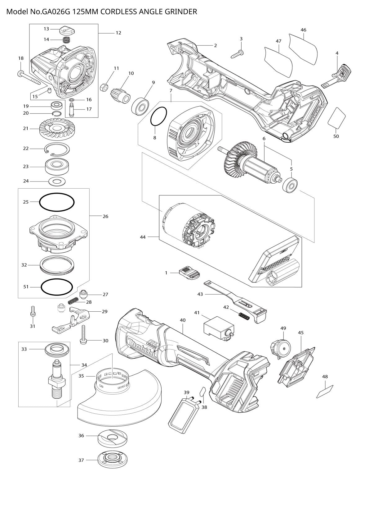 Pièces détachées meuleuse d’angle sans fil Makita GA026G