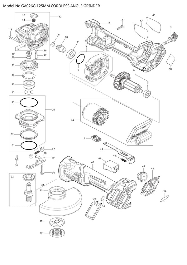Pièces détachées meuleuse d’angle sans fil Makita GA026G