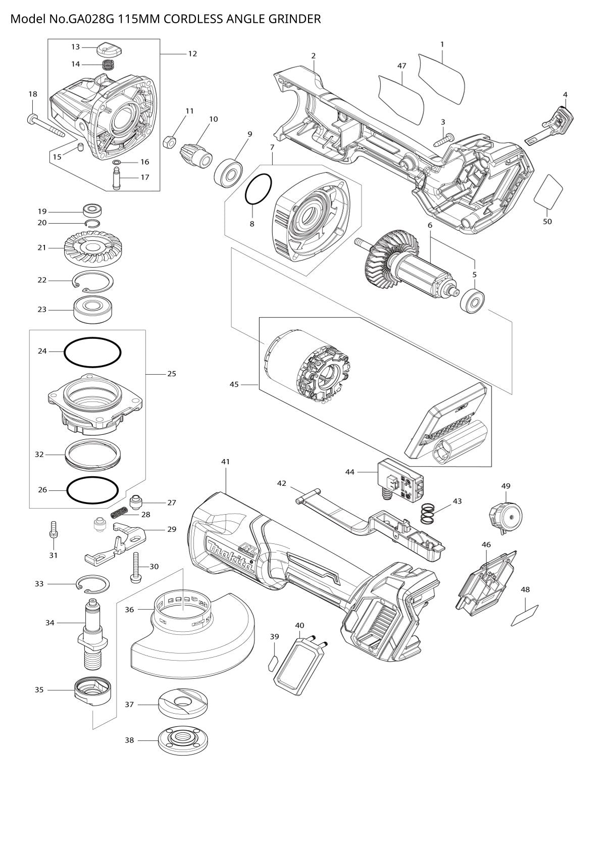 Pièces détachées meuleuse d’angle sans fil Makita GA028G