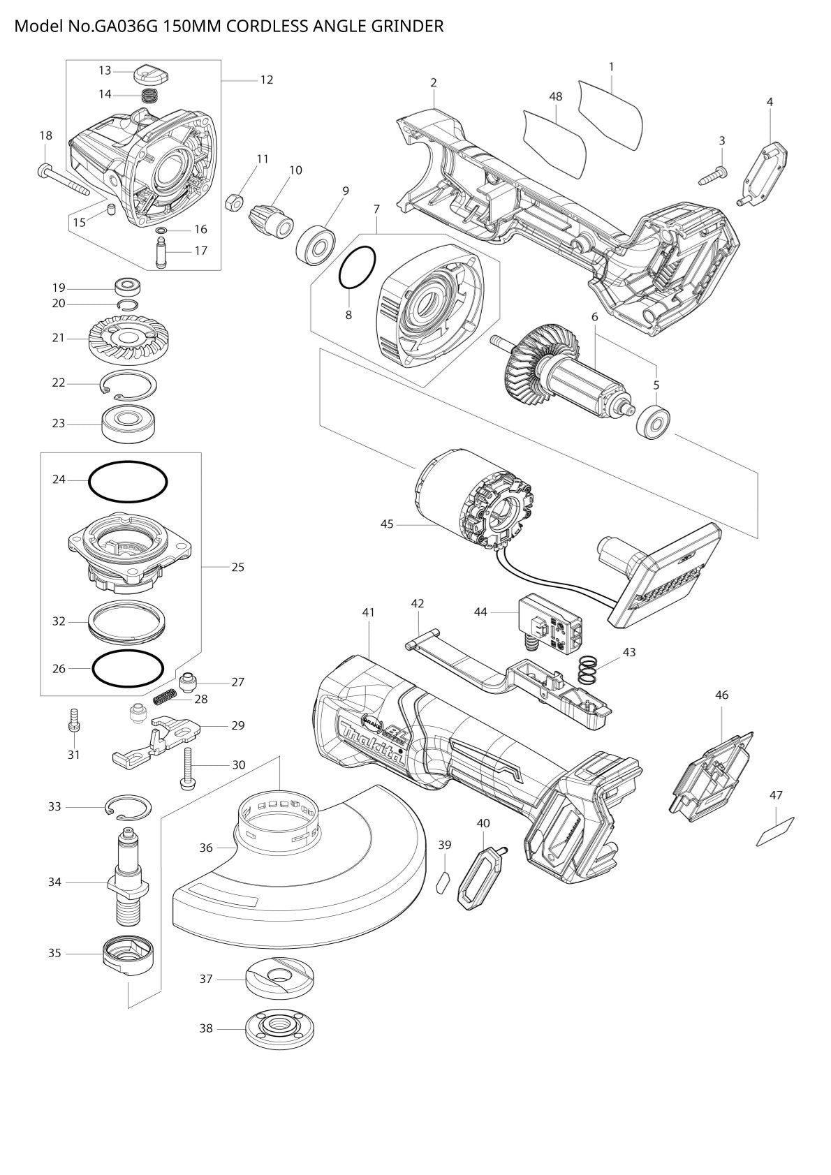 Pièces détachées meuleuse d’angle sans fil Makita GA036G