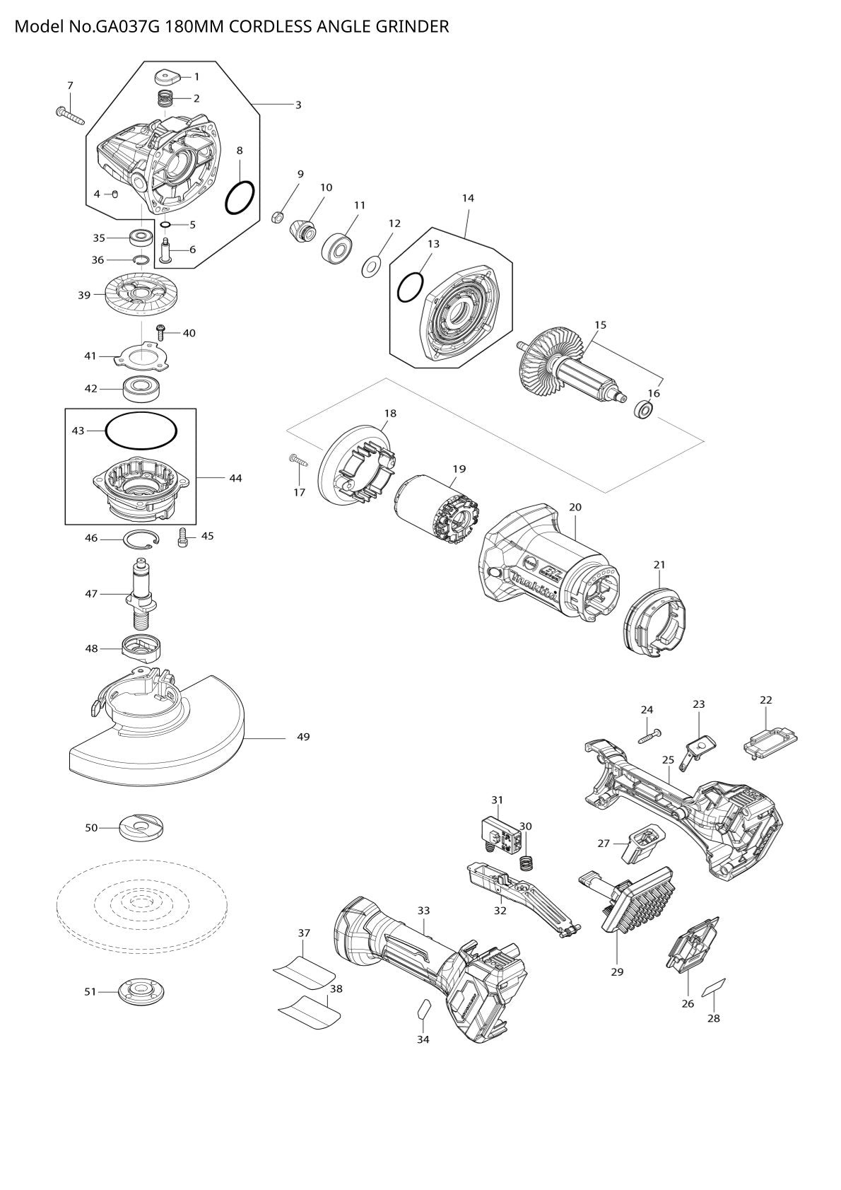 Pièces détachées meuleuse d’angle sans fil Makita GA037G