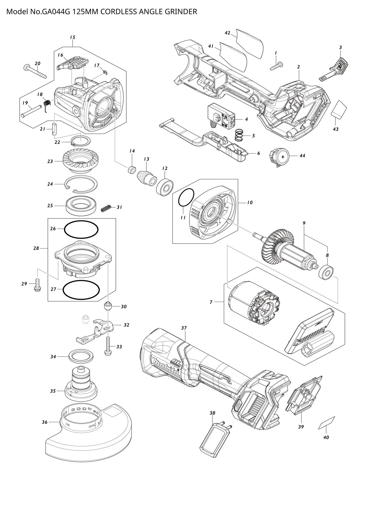 Pièces détachées meuleuse d’angle sans fil Makita GA044G